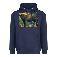 Navy black angus bull with aztec and farm background Heavyweight Hoodie - RanaPortraitStore