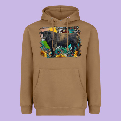 Black Angus Bull With Aztec And Farm Background Heavyweight Hoodie Designed By Ranaportraitstore