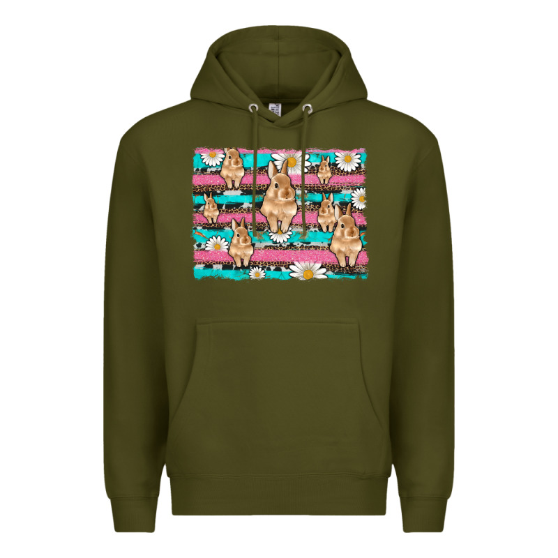 Easter Bunny With Daisy And Turquoise Cowhide Leopard  Background Premium Hoodie by Artiststas | Teevron