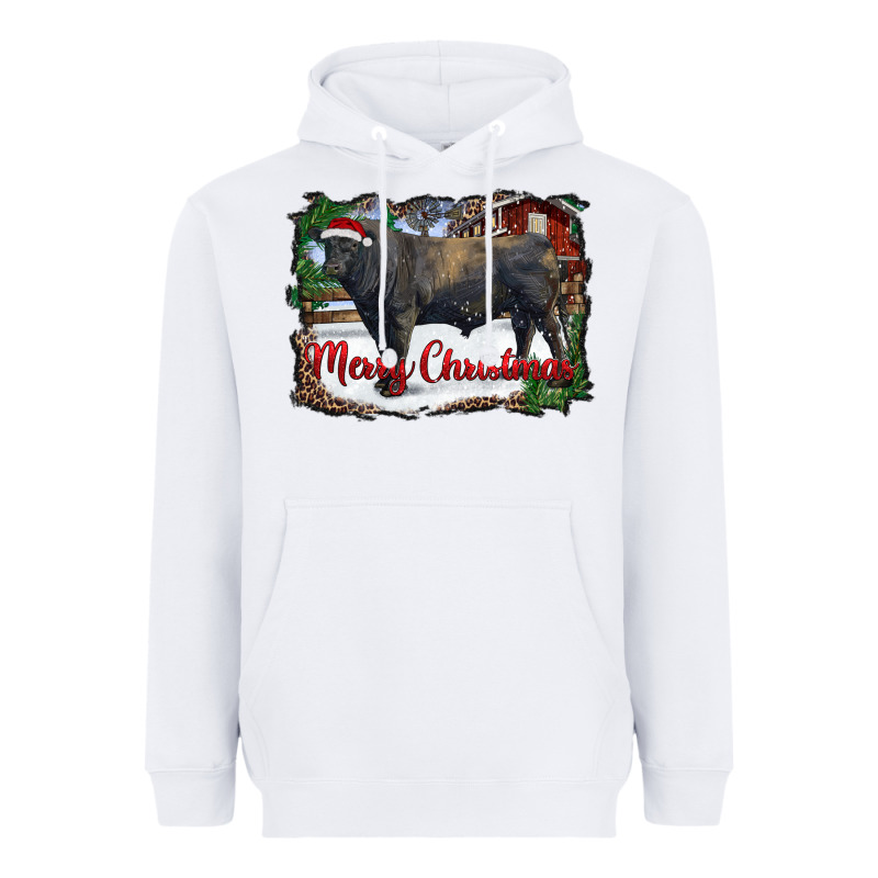 Merry Christmas Black Angus Bull And Farm Heavyweight Hoodie by RanaPortraitStore | Teevron