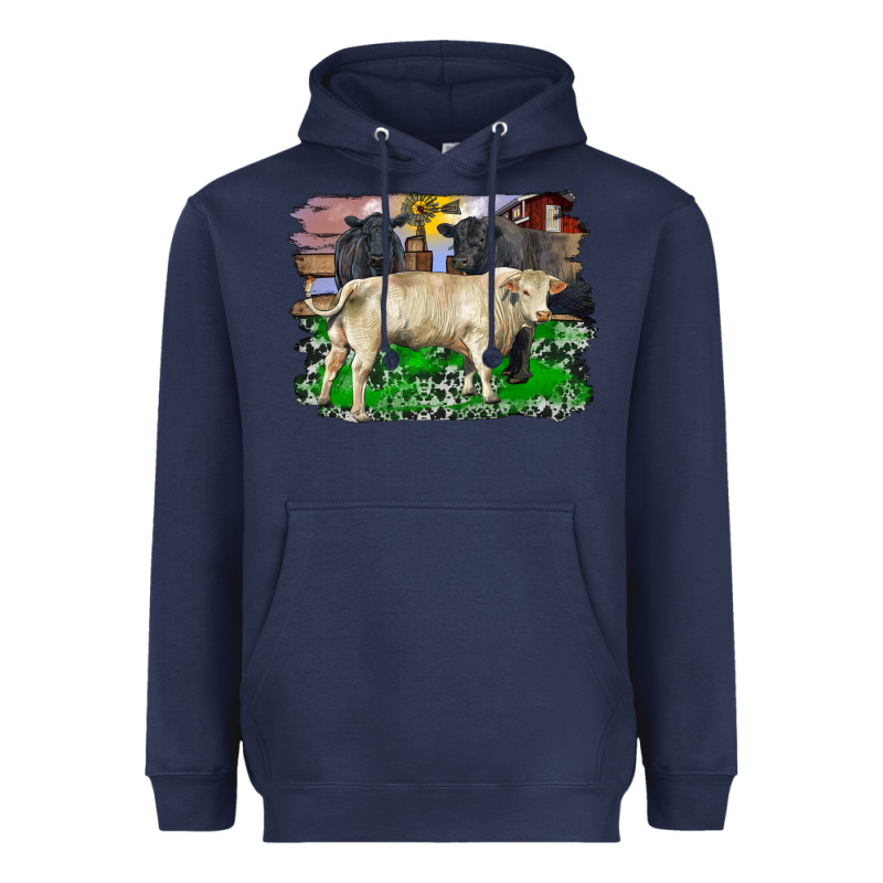 Charolais Bull Black Angus Cattle And Bull With Barnyard And Cowhide Heavyweight Hoodie by RanaPortraitStore | Teevron
