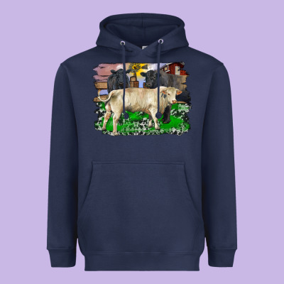 Charolais Bull Black Angus Cattle And Bull With Barnyard And Cowhide Heavyweight Hoodie Designed By Ranaportraitstore