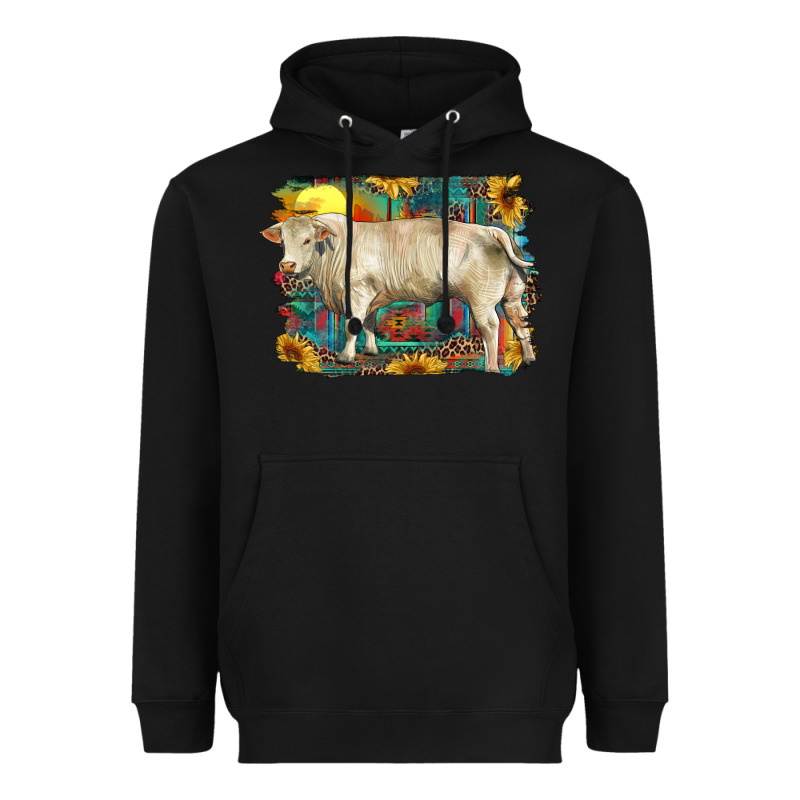 Western Charolais Bull And Aztec Sunflower Background Heavyweight Hoodie by RanaPortraitStore | Teevron