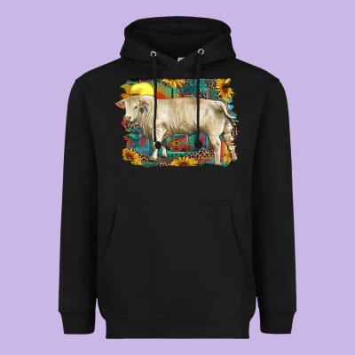 Western Charolais Bull And Aztec Sunflower Background Heavyweight Hoodie Designed By Ranaportraitstore