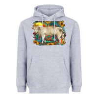 Heather Grey western charolais bull and aztec sunflower background Heavyweight Hoodie - RanaPortraitStore