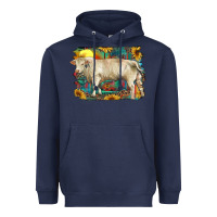 Navy western charolais bull and aztec sunflower background Heavyweight Hoodie - RanaPortraitStore