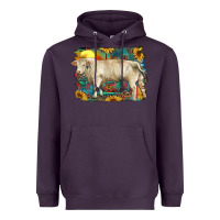 Plum western charolais bull and aztec sunflower background Heavyweight Hoodie - RanaPortraitStore