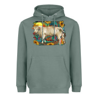 Sage western charolais bull and aztec sunflower background Heavyweight Hoodie - RanaPortraitStore