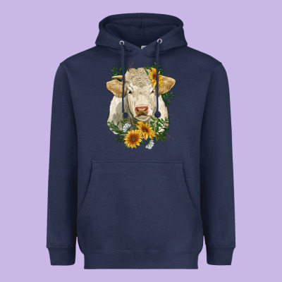 Charolais Cattle With Sunflowers Heavyweight Hoodie Designed By Ranaportraitstore