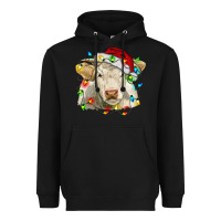Black charolais cattle cow with christmas lights and hat Heavyweight Hoodie - RanaPortraitStore