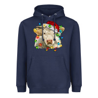 Navy charolais cattle cow with christmas lights and hat Heavyweight Hoodie - RanaPortraitStore