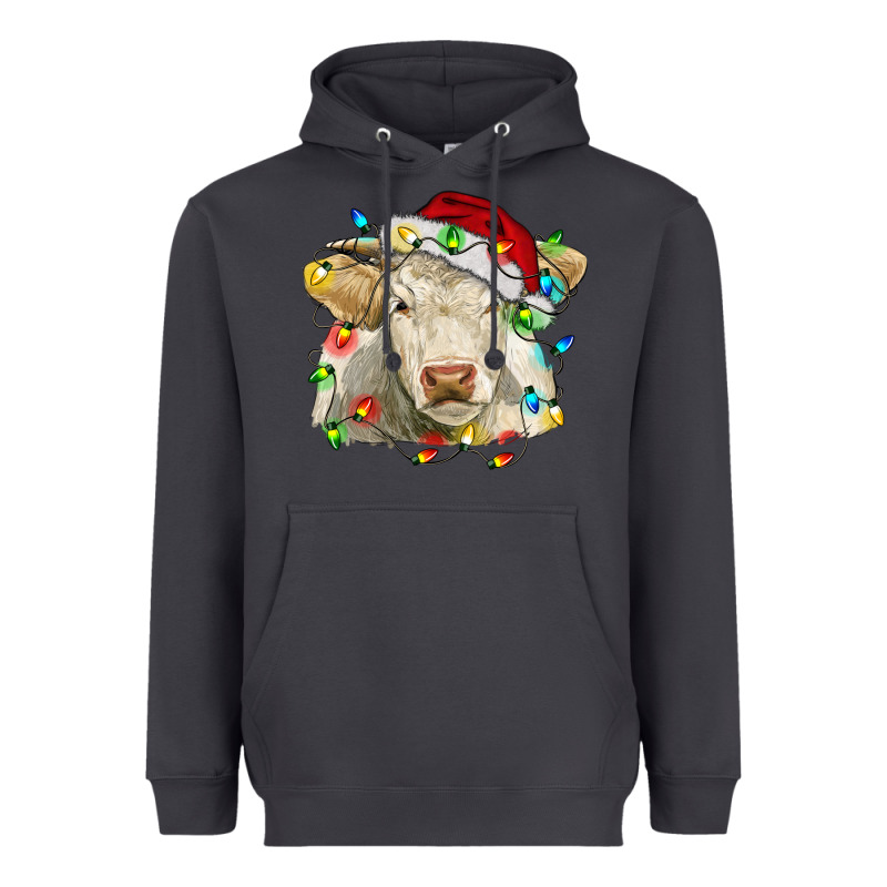 Charolais Cattle Cow With Christmas Lights And Hat Heavyweight Hoodie by RanaPortraitStore | Teevron