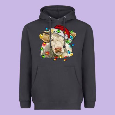 Charolais Cattle Cow With Christmas Lights And Hat Heavyweight Hoodie Designed By Ranaportraitstore