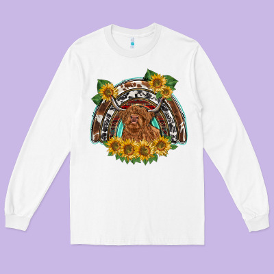Scottish Calf Sunflowers Rainbow Long Sleeve Tee Designed By Barkaloodesign
