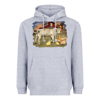 Heather Grey charolaris bull and chicken in barnyard Heavyweight Hoodie - RanaPortraitStore