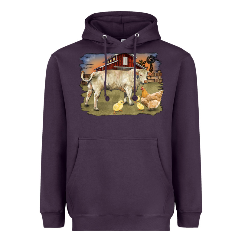 Charolaris Bull And Chicken In Barnyard Heavyweight Hoodie by RanaPortraitStore | Teevron