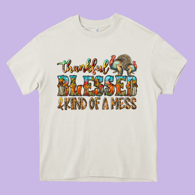 Thankful Blessed And Kind Of A Mess Heavy Core Tee Designed By Cowhidedigitalart
