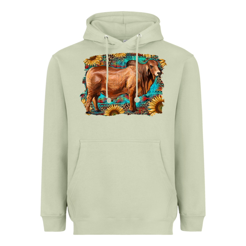 Brahman Bull With Aztec Sunflower And Leopard Background Heavyweight Hoodie by RanaPortraitStore | Teevron