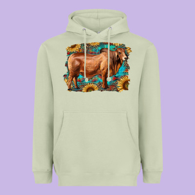 Brahman Bull With Aztec Sunflower And Leopard Background Heavyweight Hoodie Designed By Ranaportraitstore