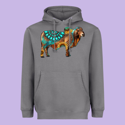 Brahman Bull Gemstone Turquoise And Sunflower Heavyweight Hoodie Designed By Ranaportraitstore