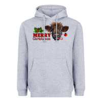 Heather Grey merry christmas highland calf with candy cane Heavyweight Hoodie - RanaPortraitStore