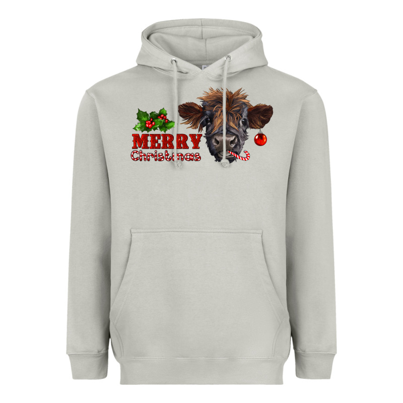 Merry Christmas Highland Calf With Candy Cane Heavyweight Hoodie by RanaPortraitStore | Teevron