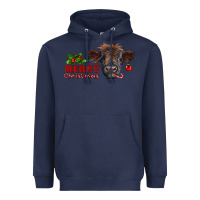 Navy merry christmas highland calf with candy cane Heavyweight Hoodie - RanaPortraitStore