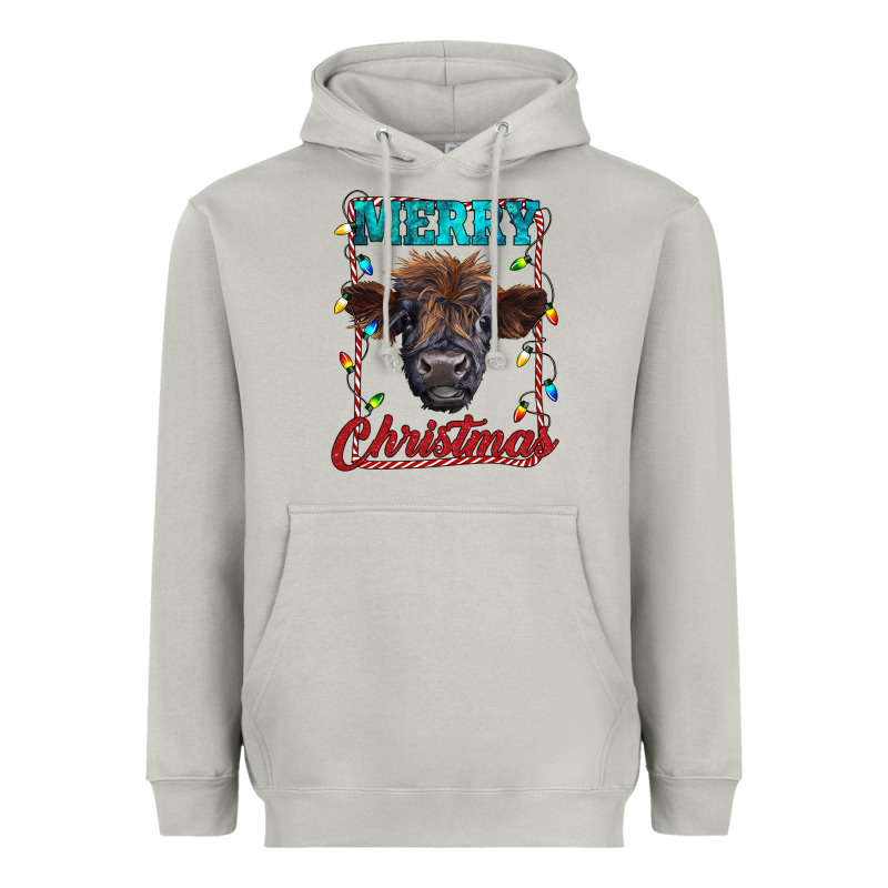 Merry Christmas Highland Calf Baby Cow Heavyweight Hoodie by RanaPortraitStore | Teevron
