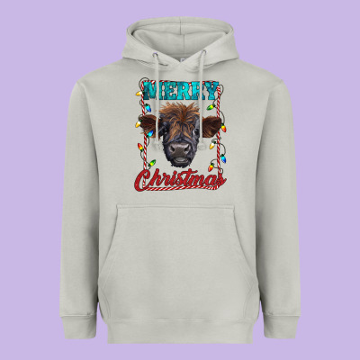 Merry Christmas Highland Calf Baby Cow Heavyweight Hoodie Designed By Ranaportraitstore