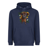 Navy highland cow with sunflower Heavyweight Hoodie - RanaPortraitStore