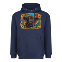 Navy highland cow calf with western background Heavyweight Hoodie - RanaPortraitStore