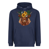 Navy highland cow with sunflowers Heavyweight Hoodie - RanaPortraitStore