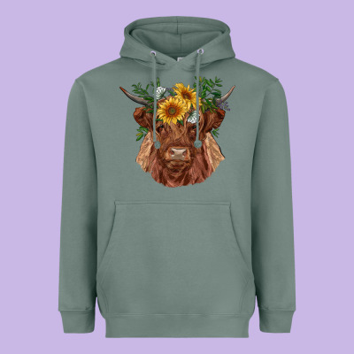 Highland Cow With Sunflowers Heavyweight Hoodie Designed By Ranaportraitstore