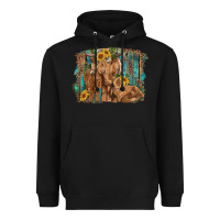 Black highland cow family cattle and calf with sunflower and turquoise backg Heavyweight Hoodie - RanaPortraitStore