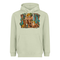 Matcha highland cow family cattle and calf with sunflower and turquoise backg Heavyweight Hoodie - RanaPortraitStore