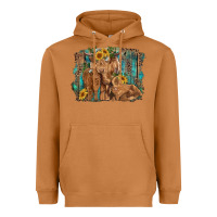 Meerkat highland cow family cattle and calf with sunflower and turquoise backg Heavyweight Hoodie - RanaPortraitStore