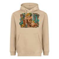 Mushroom highland cow family cattle and calf with sunflower and turquoise backg Heavyweight Hoodie - RanaPortraitStore