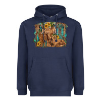 Navy highland cow family cattle and calf with sunflower and turquoise backg Heavyweight Hoodie - RanaPortraitStore