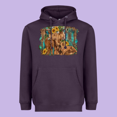 Highland Cow Family Cattle And Calf With Sunflower And Turquoise Backg Heavyweight Hoodie Designed By Ranaportraitstore