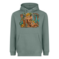 Sage highland cow family cattle and calf with sunflower and turquoise backg Heavyweight Hoodie - RanaPortraitStore