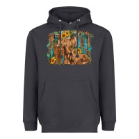 Smoke highland cow family cattle and calf with sunflower and turquoise backg Heavyweight Hoodie - RanaPortraitStore