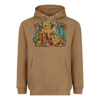 Toasted Coconut highland cow family cattle and calf with sunflower and turquoise backg Heavyweight Hoodie - RanaPortraitStore