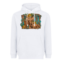 White highland cow family cattle and calf with sunflower and turquoise backg Heavyweight Hoodie - RanaPortraitStore