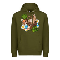 Army Green easter bunny in basket wıth carrot and eggs Premium Hoodie - AdoDesignShop