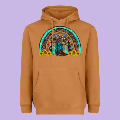 Western Cowboy Boots Sunflowers Rainbow Heavyweight Hoodie Designed By Ranaportraitstore