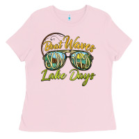 Bubblegum Pink boat waves sun rays lake days Ladies Tee - BarkalooDesign