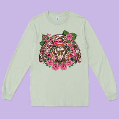 Pink Floral Baby Goat Rainbow Long Sleeve Tee Designed By Barkaloodesign