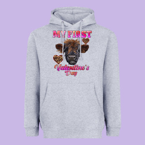 My First Valentine's Day Highland Calf Heavyweight Hoodie Designed By Ranaportraitstore