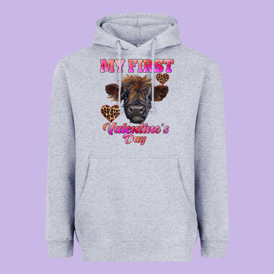 My First Valentine's Day Highland Calf Heavyweight Hoodie Designed By Ranaportraitstore