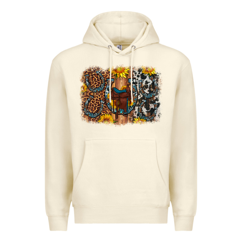 Saddle Sunflower Horseshoe Cowhide Leopard Background Premium Hoodie by Artiststas | Teevron
